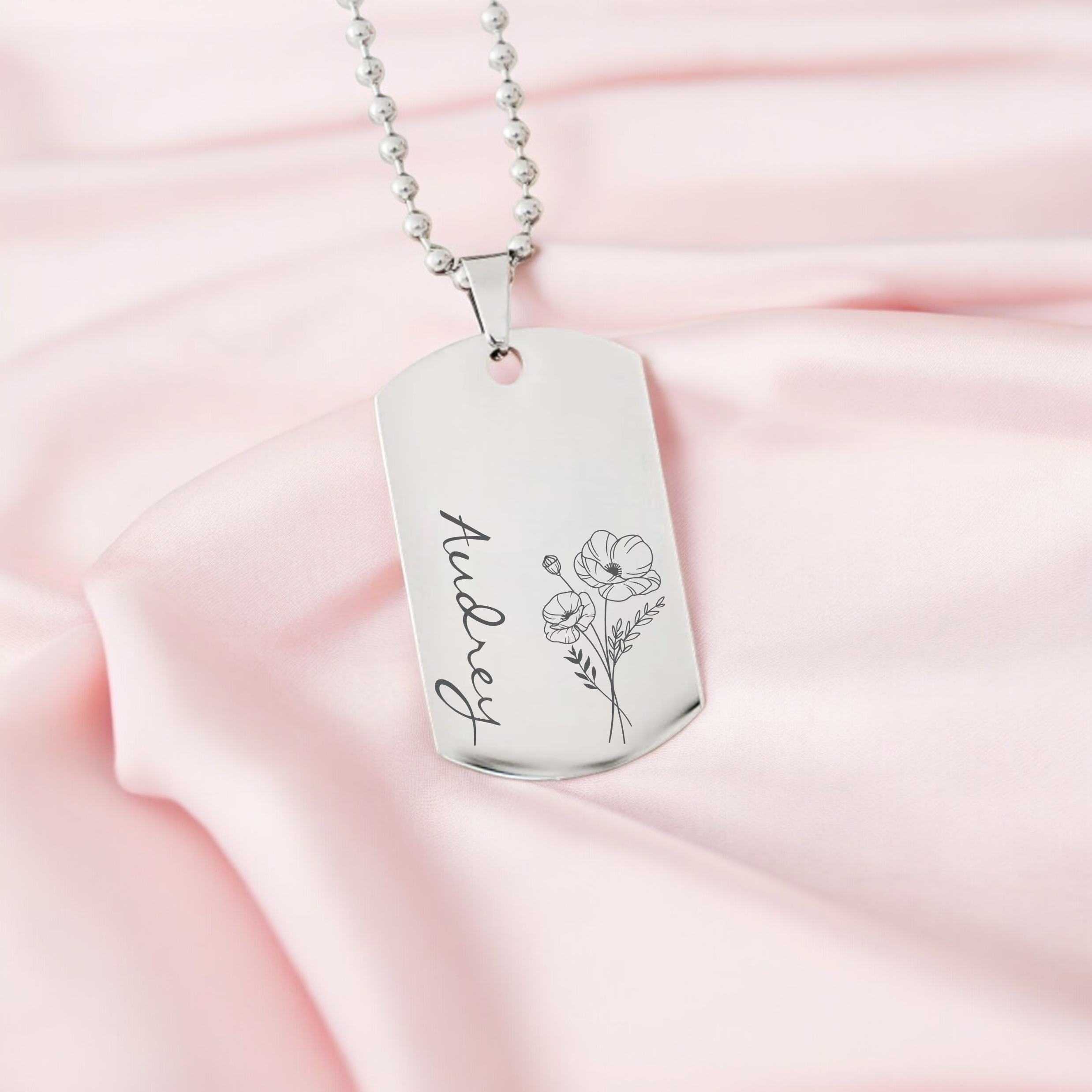 Personalised Birth Month Flower, Dog Tag Necklace