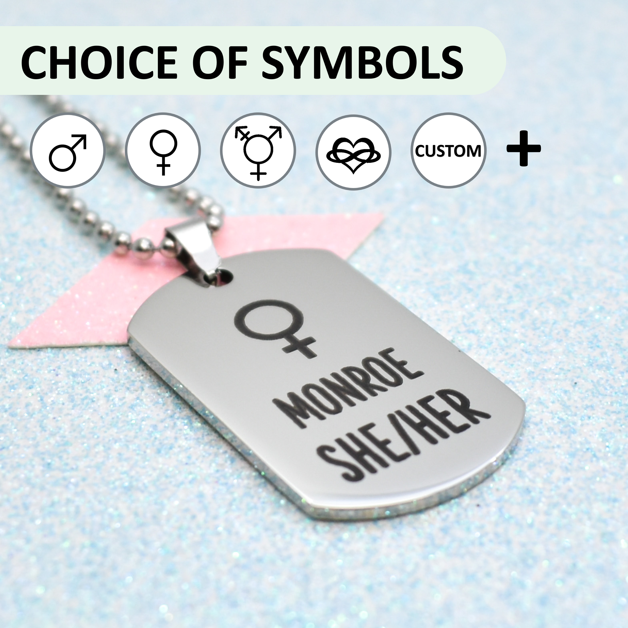 Dog tag necklace with gender symbols and customizable text on a light blue background