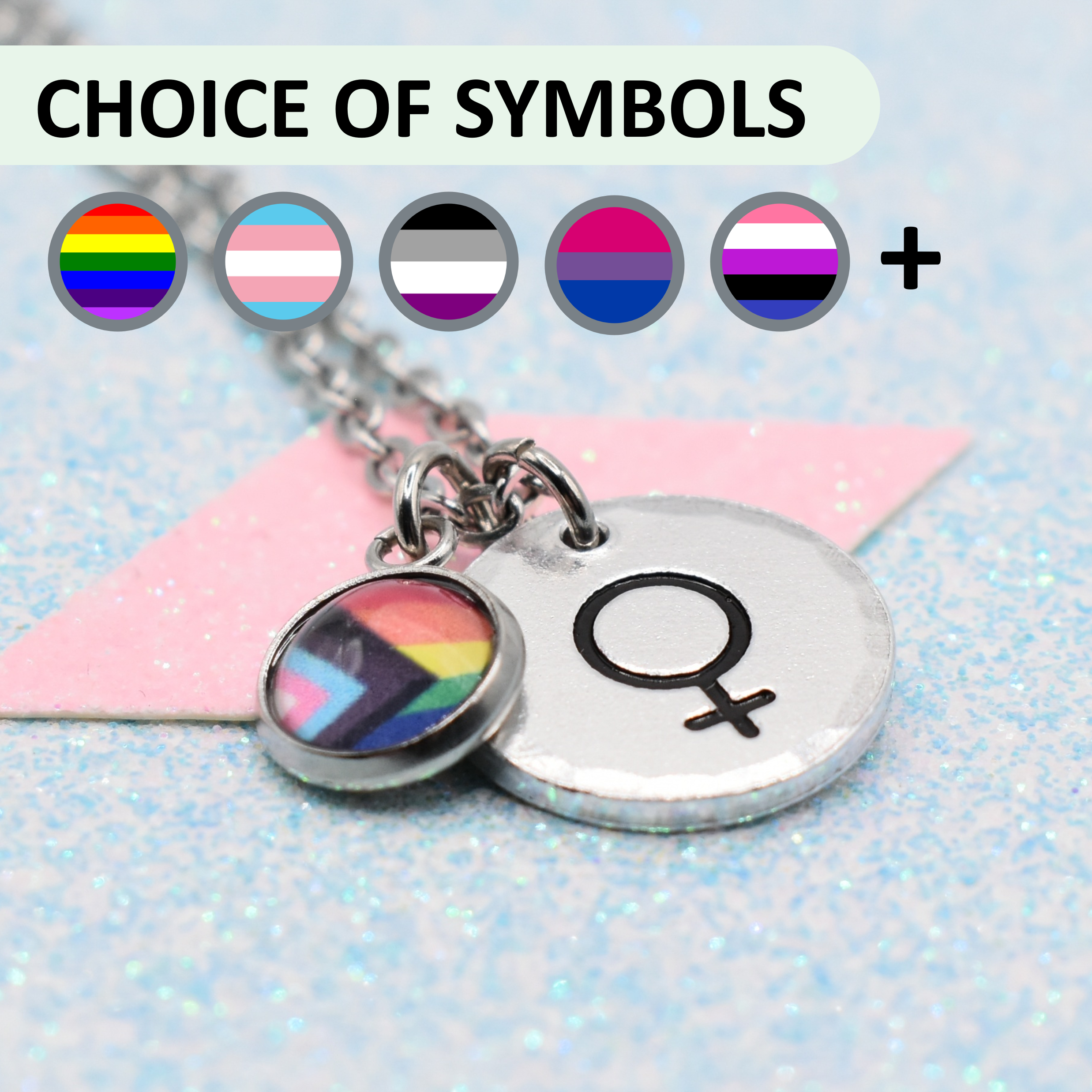 Custom pride necklace featuring a custom identity symbol and pride flag of your choice
