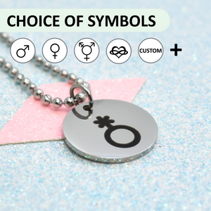 Necklace with a gender symbol pendant on a light blue background with symbol choice options.