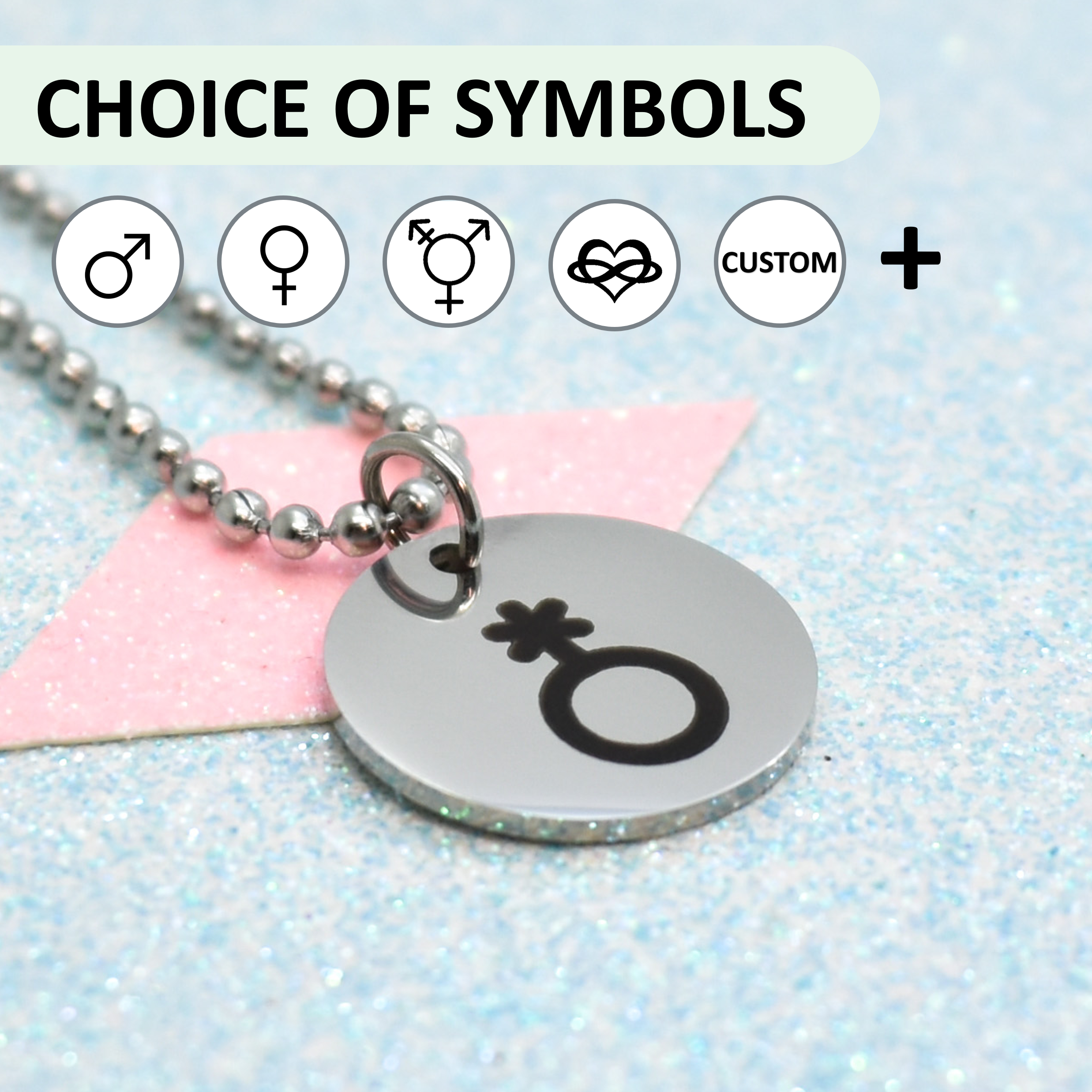 Necklace with a gender symbol pendant on a light blue background with symbol choice options.