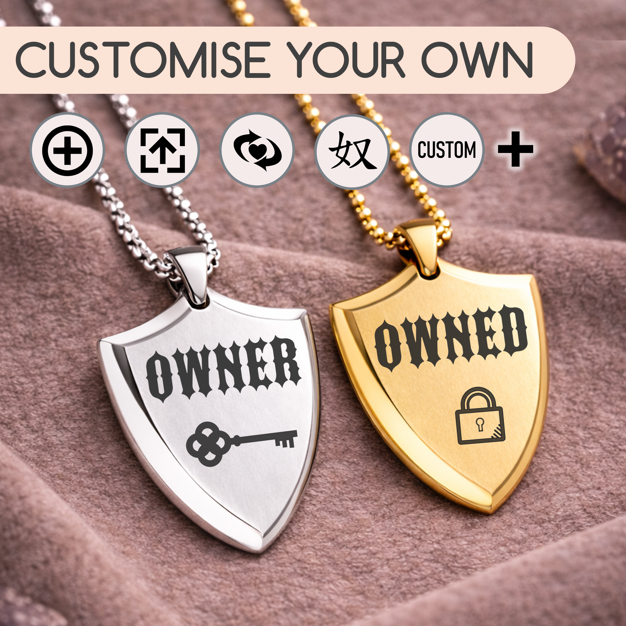 Custom Shield Pendant Necklace - Custom Symbol and Text - Single Pendant (Adult 18+)