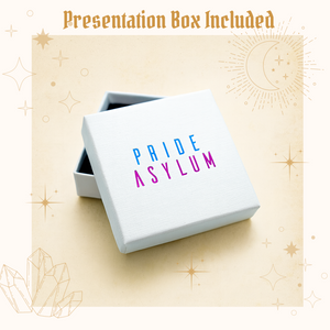 White jewelry box with 'Pride Asylum' text on a beige background