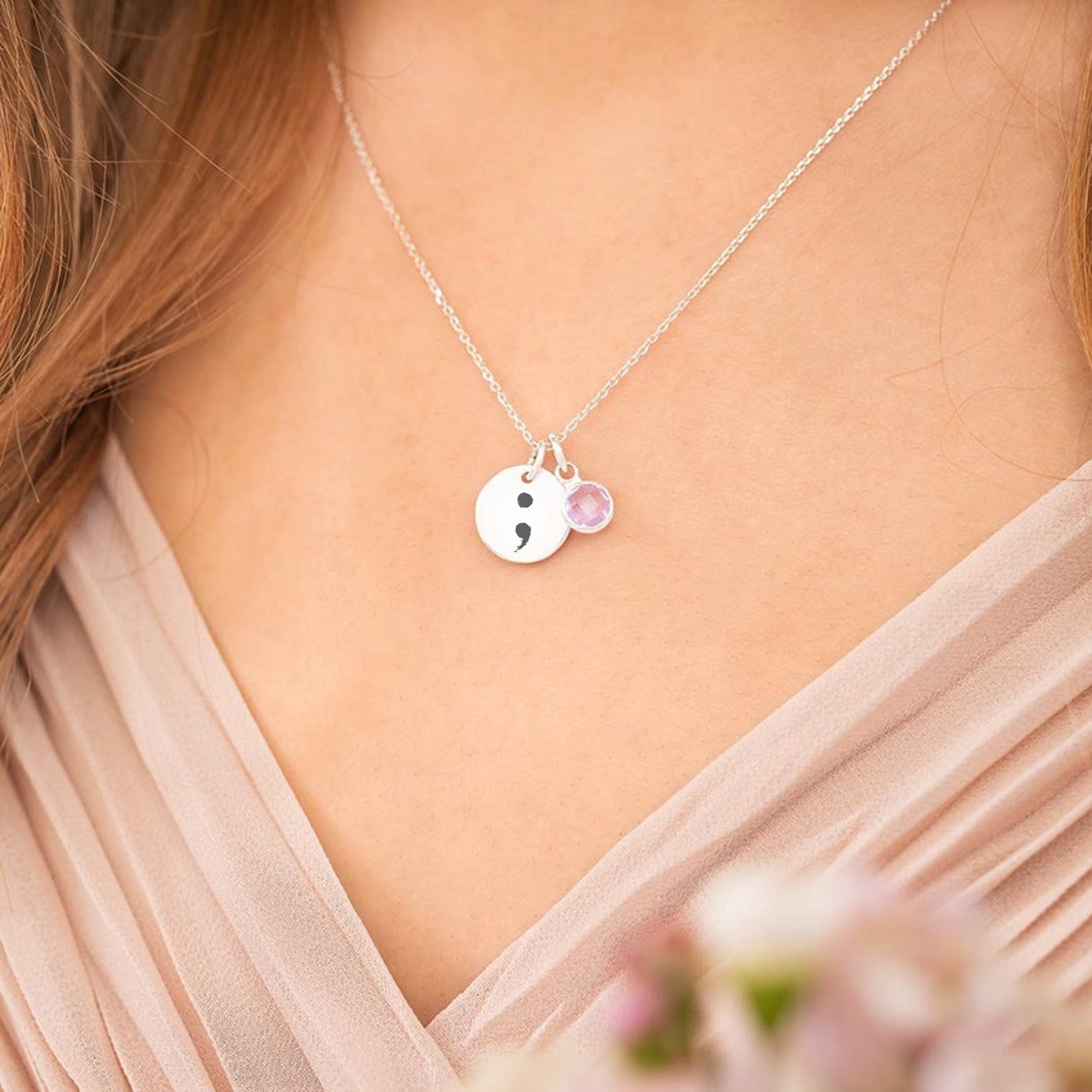 Mental Health Awareness, Semi-Colon Birthstone Necklace
