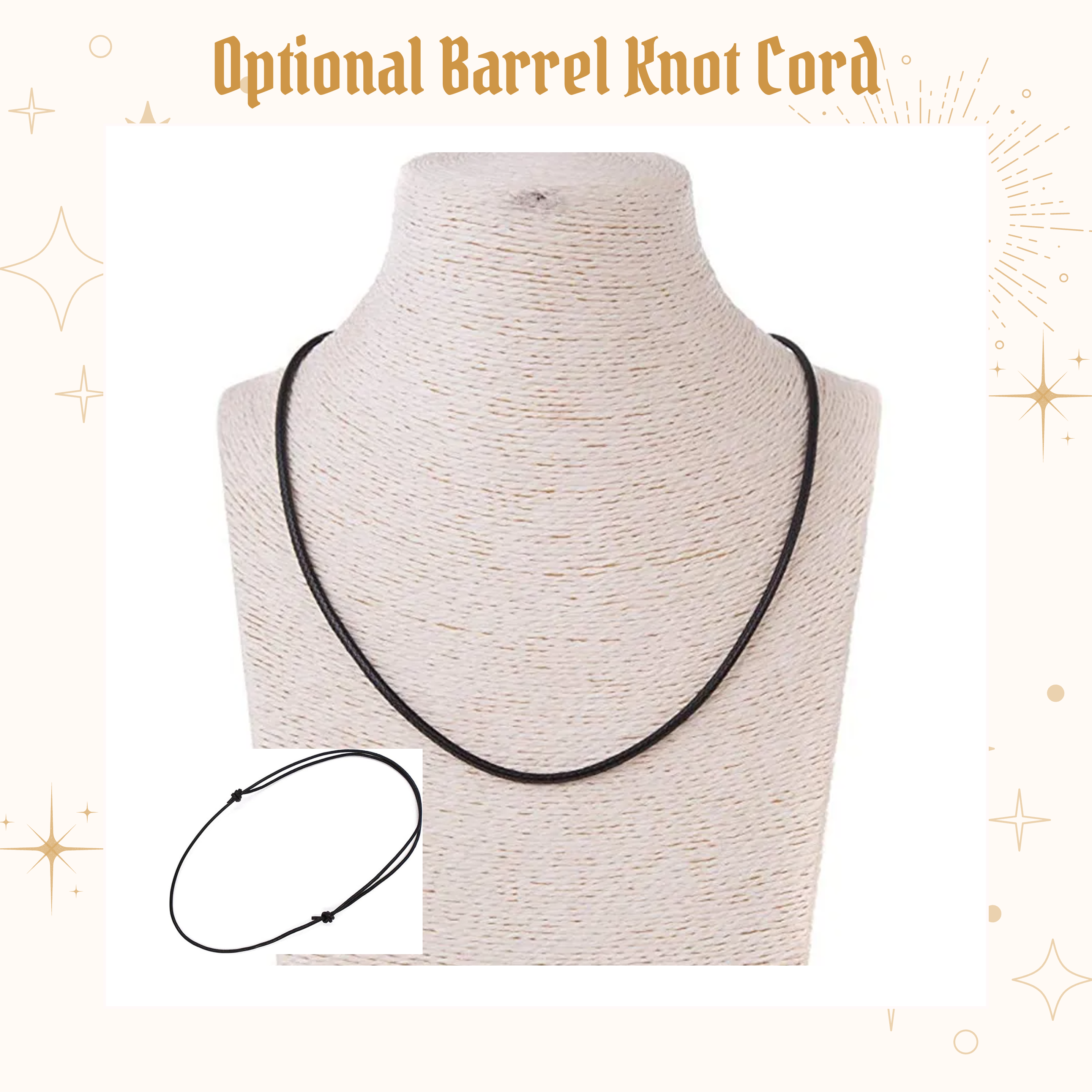 Black barrel knot cord on a mannequin neck with decorative text above.