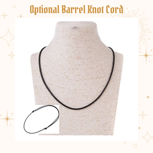 Black barrel knot cord on a mannequin neck with decorative text above.