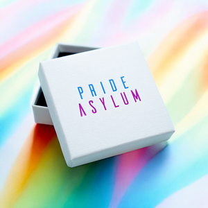 A gift box with the Pride Asylum logo on a rainbow background