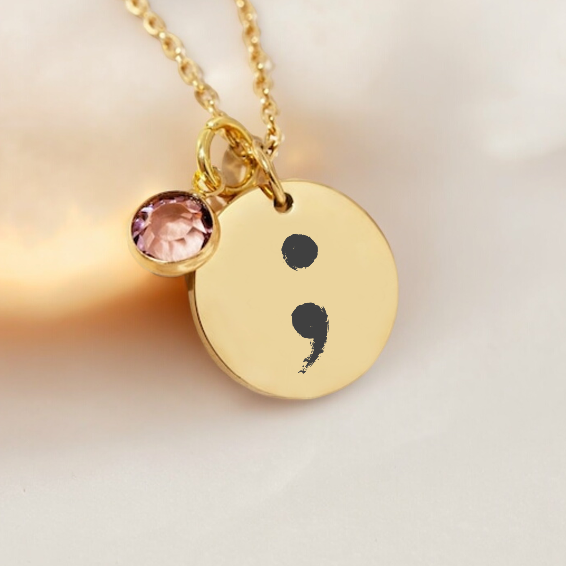 Mental Health Awareness, Semi-Colon Birthstone Necklace