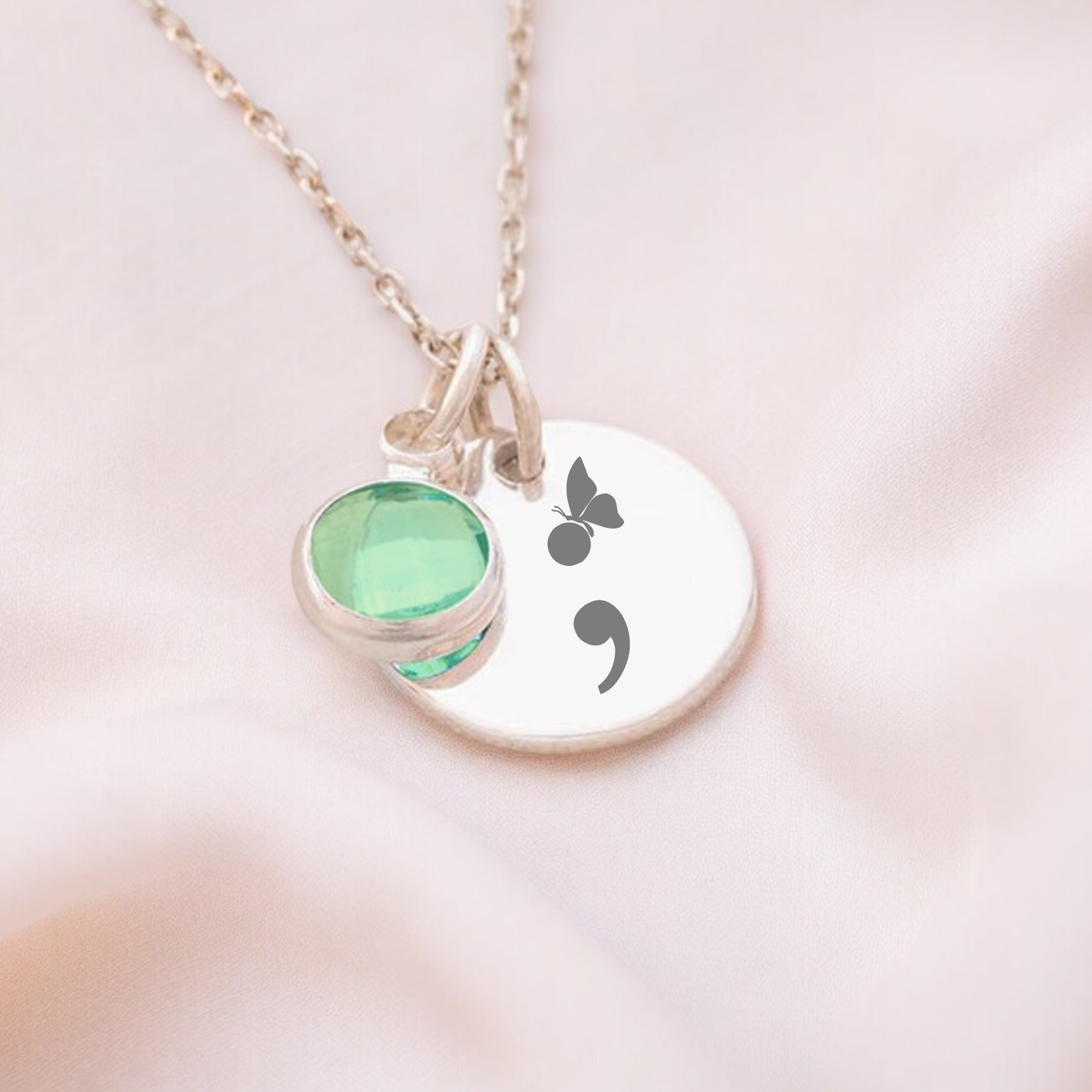 Semi-Colon, Butterfly Birthstone Necklace