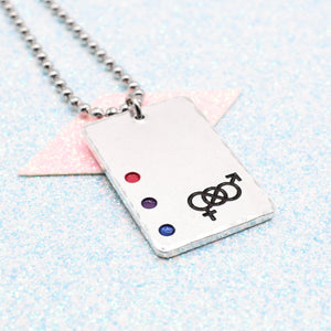 Bisexual Necklace with a rectangular tag featuring a Bisexual symbol and accents on a ball chain displayed on a light blue background